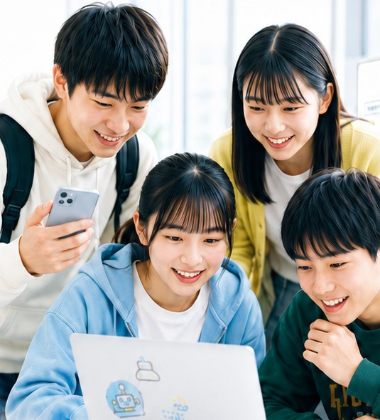 ノートPCを囲んでアプリをつくる学生たち